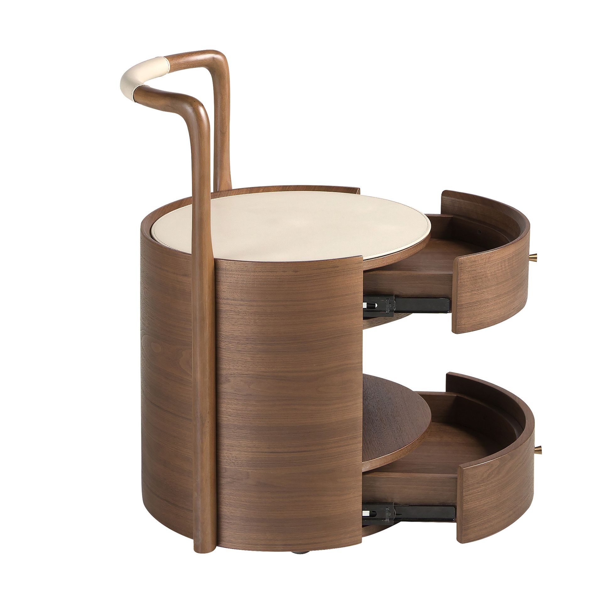 Walnut bedside table with wooden top upholstered in cream leatherette