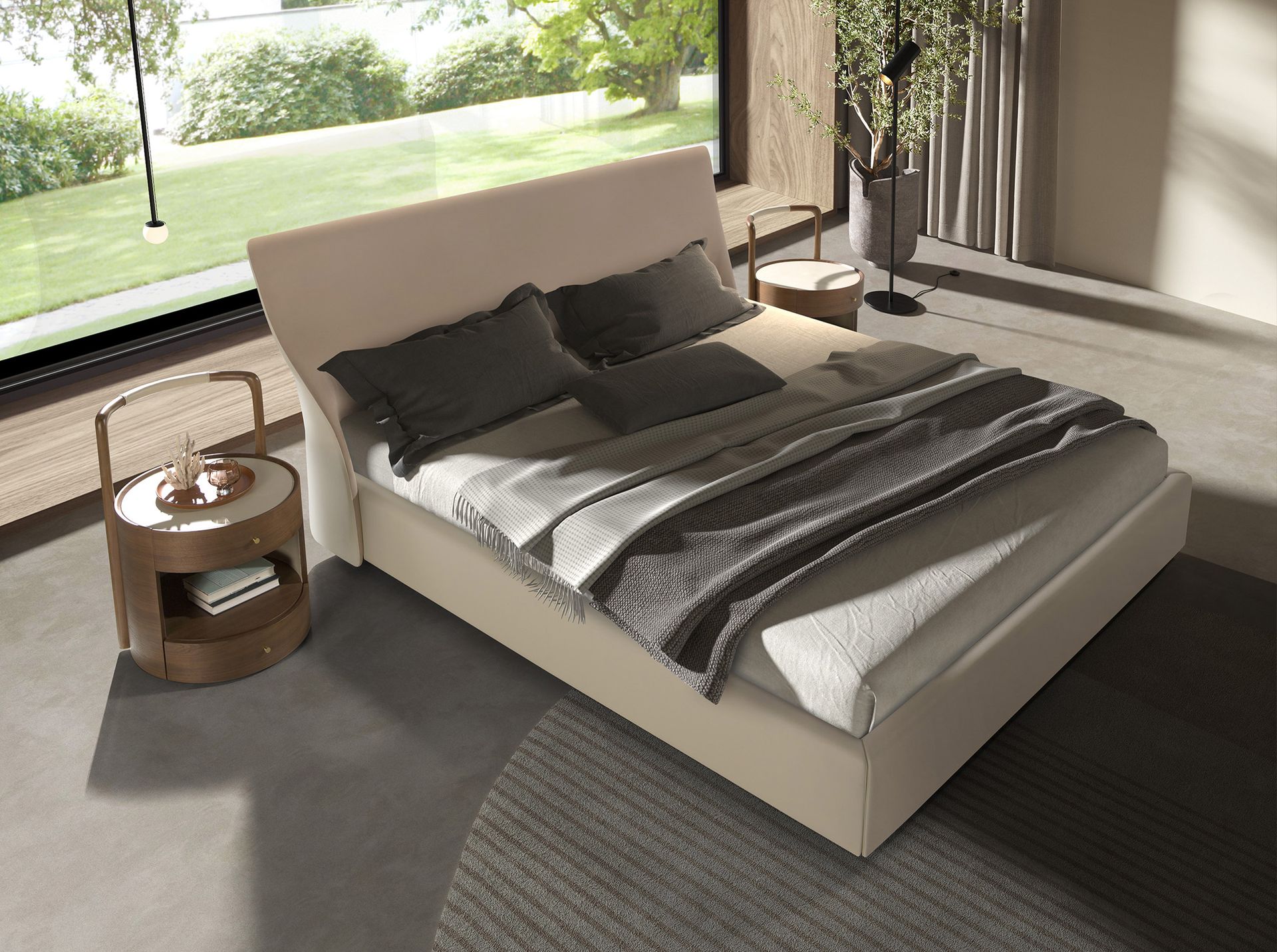Brown velvet and cream leatherette bed