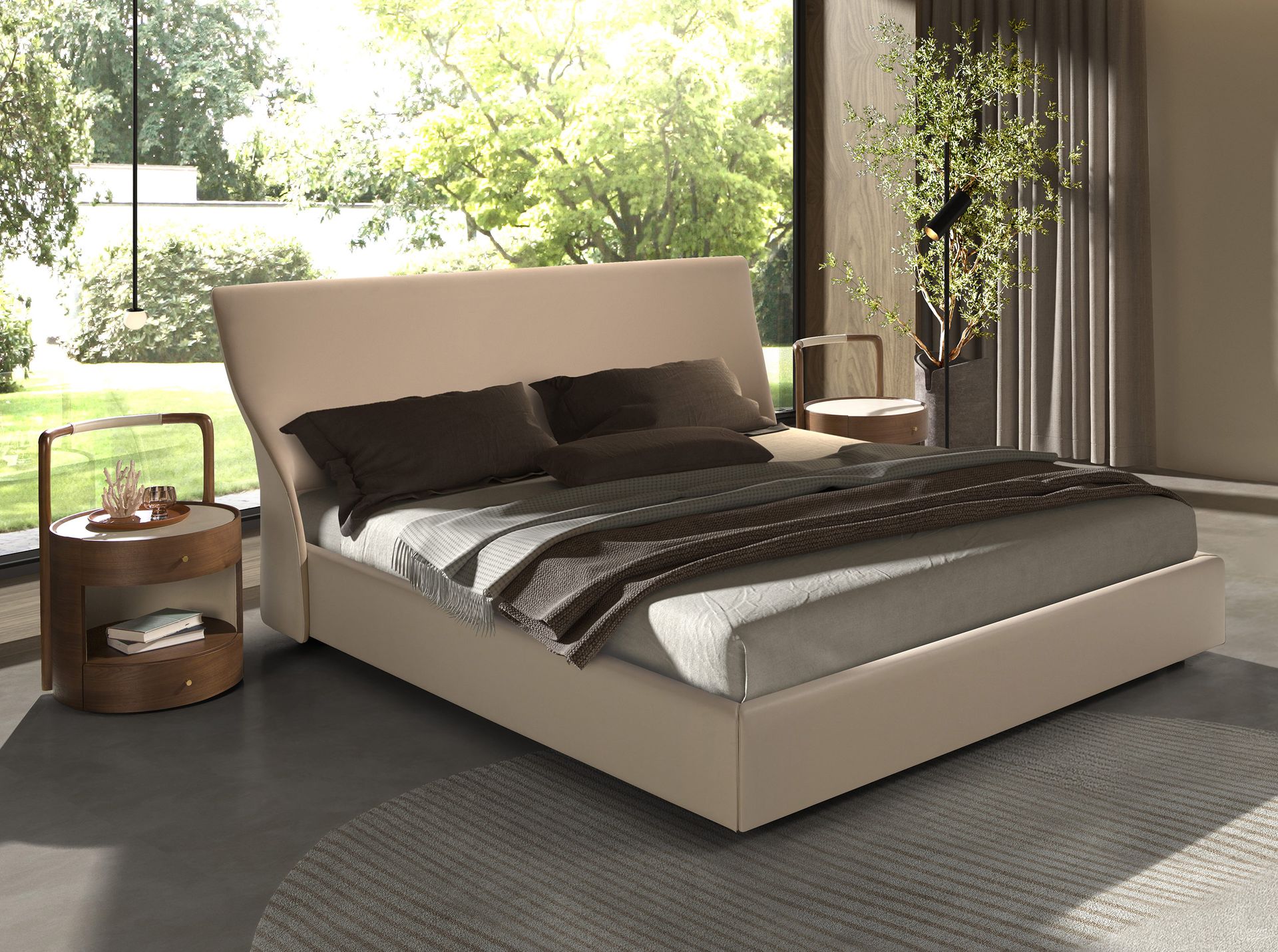 Brown velvet and cream leatherette bed
