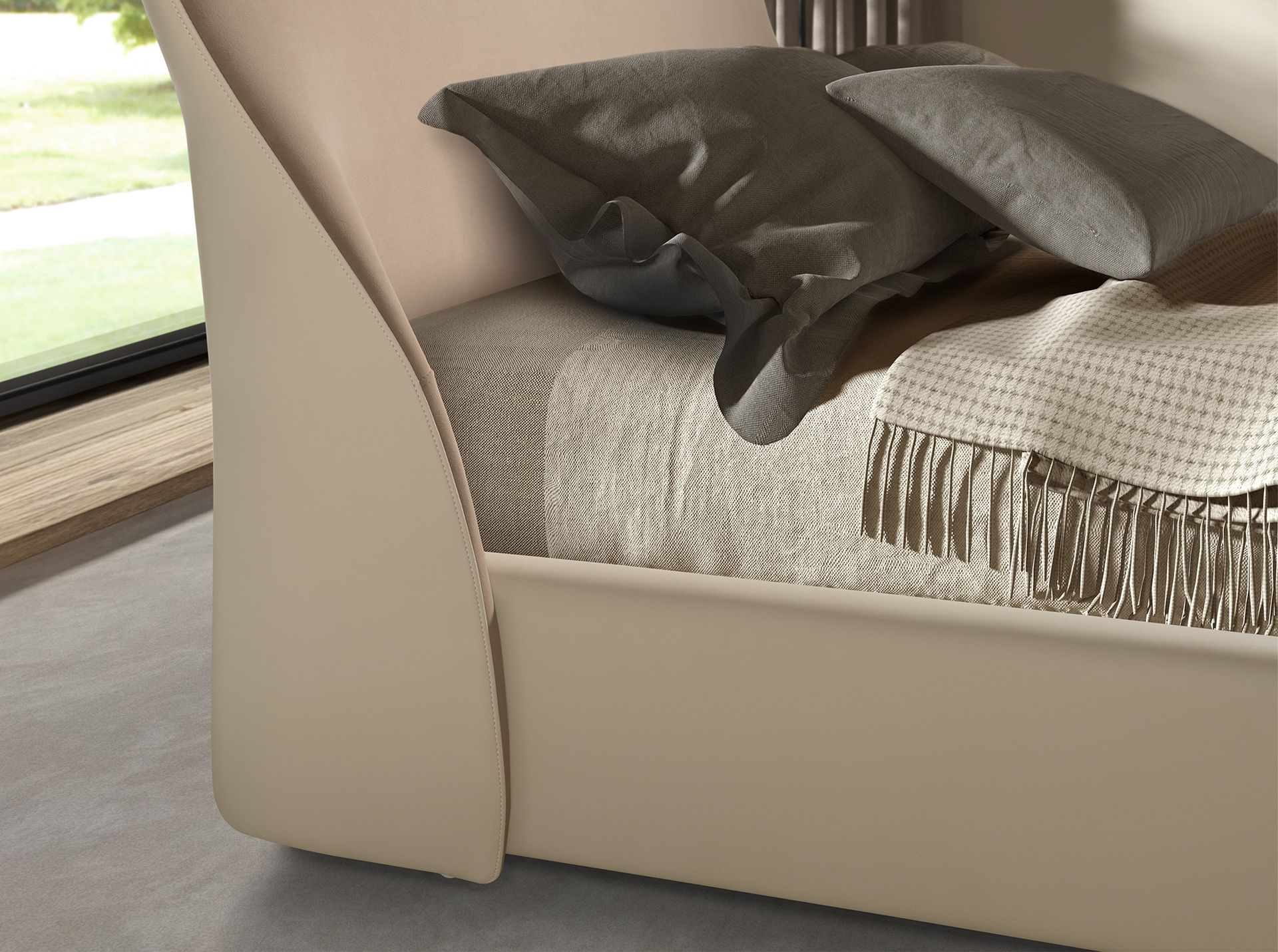 Brown velvet and cream leatherette bed