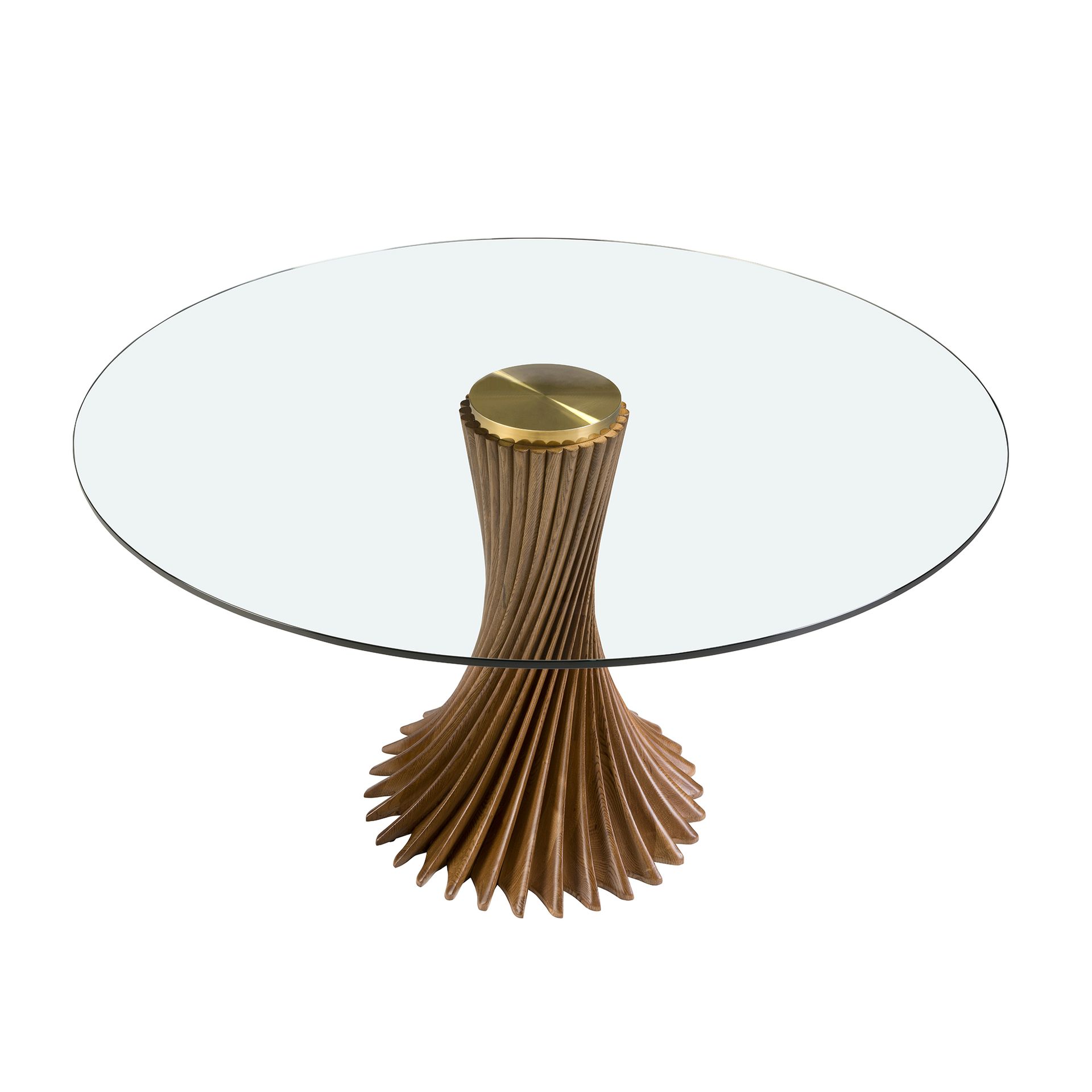 Round tempered glass and walnut dining table