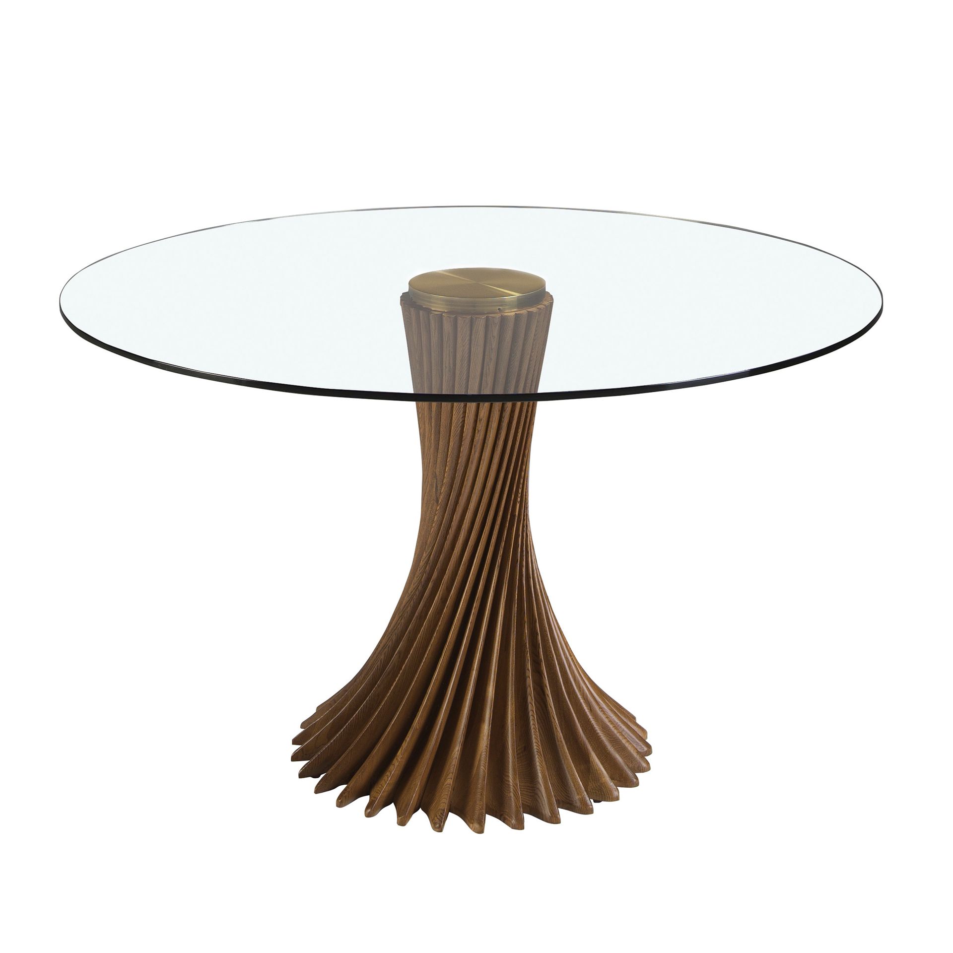 Round tempered glass and walnut dining table