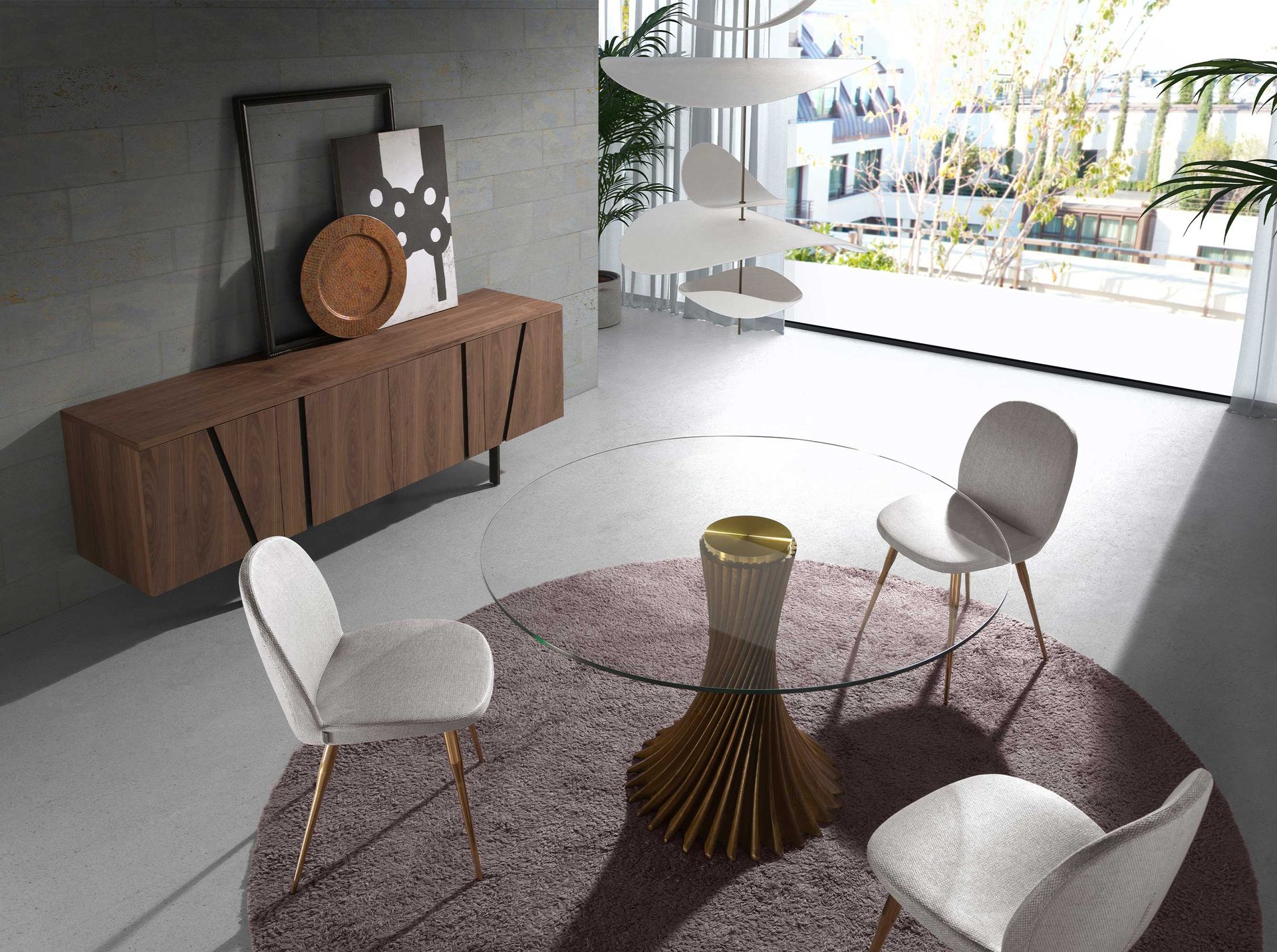 Round tempered glass and walnut dining table