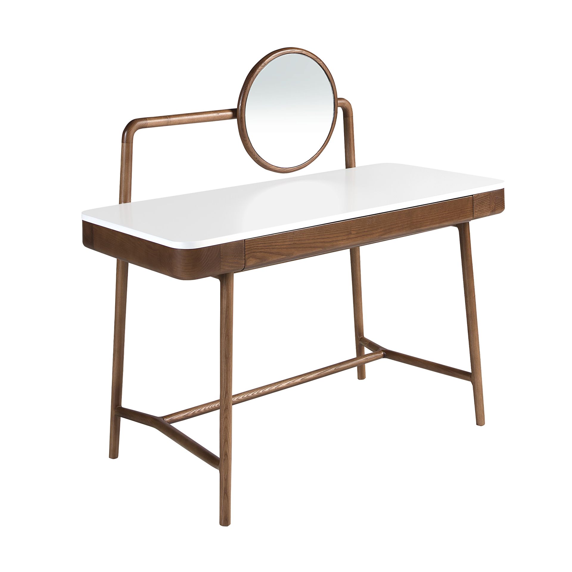Walnut dressing desk with white wooden top and mirror