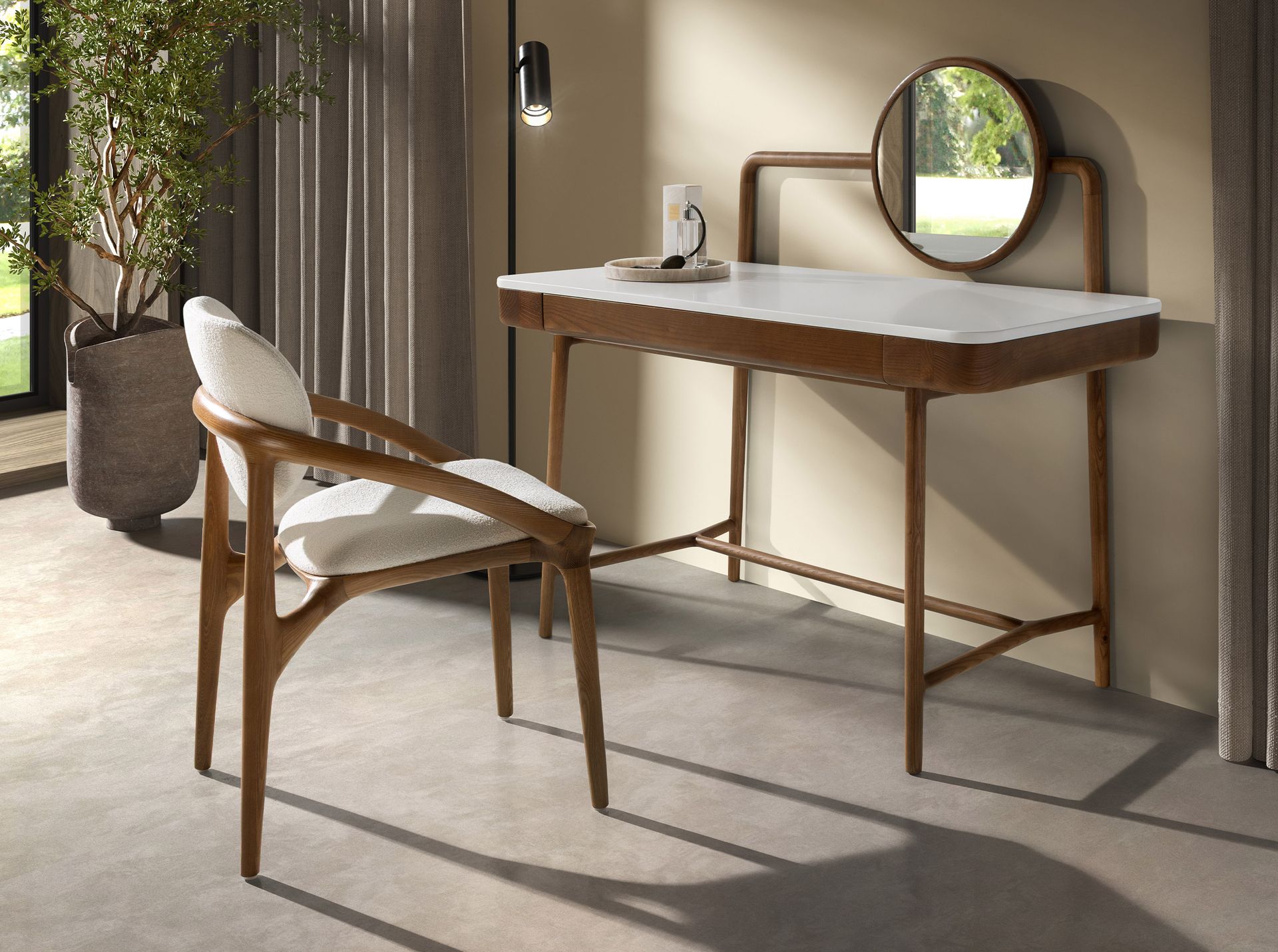 Walnut dressing desk with white wooden top and mirror