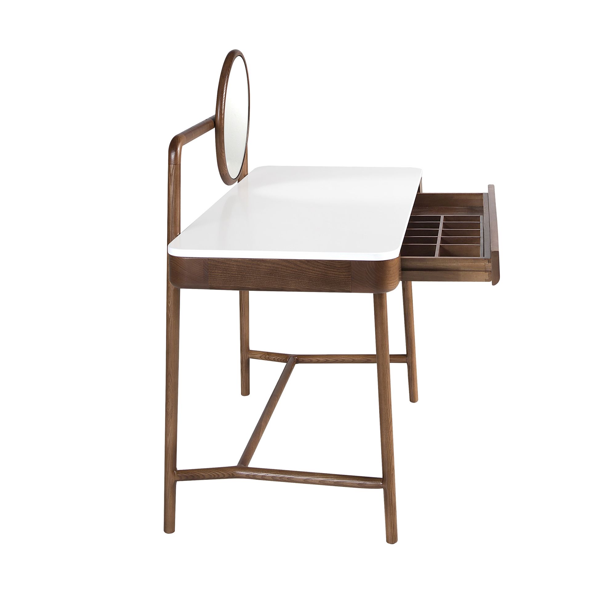 Walnut dressing desk with white wooden top and mirror