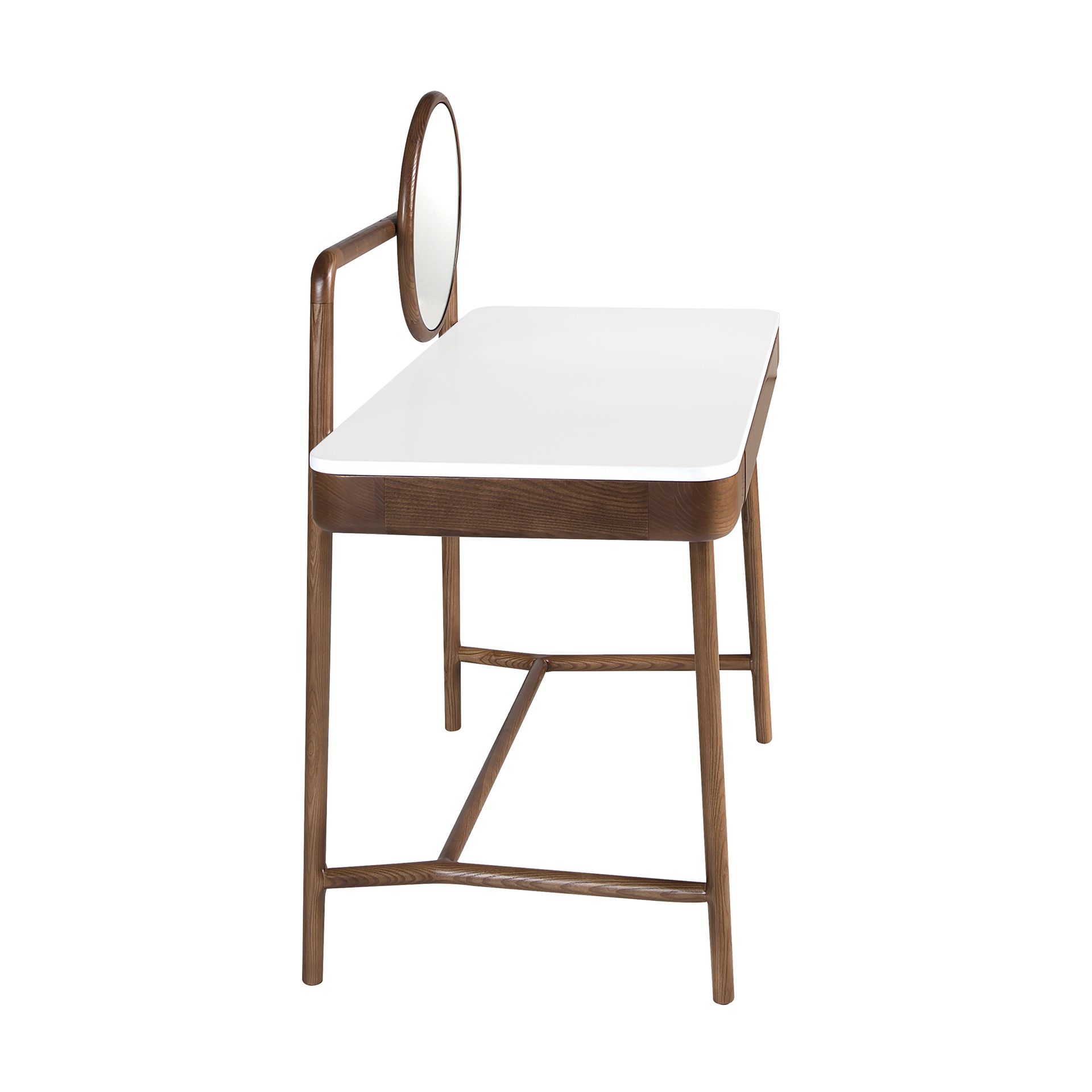 Walnut dressing desk with white wooden top and mirror