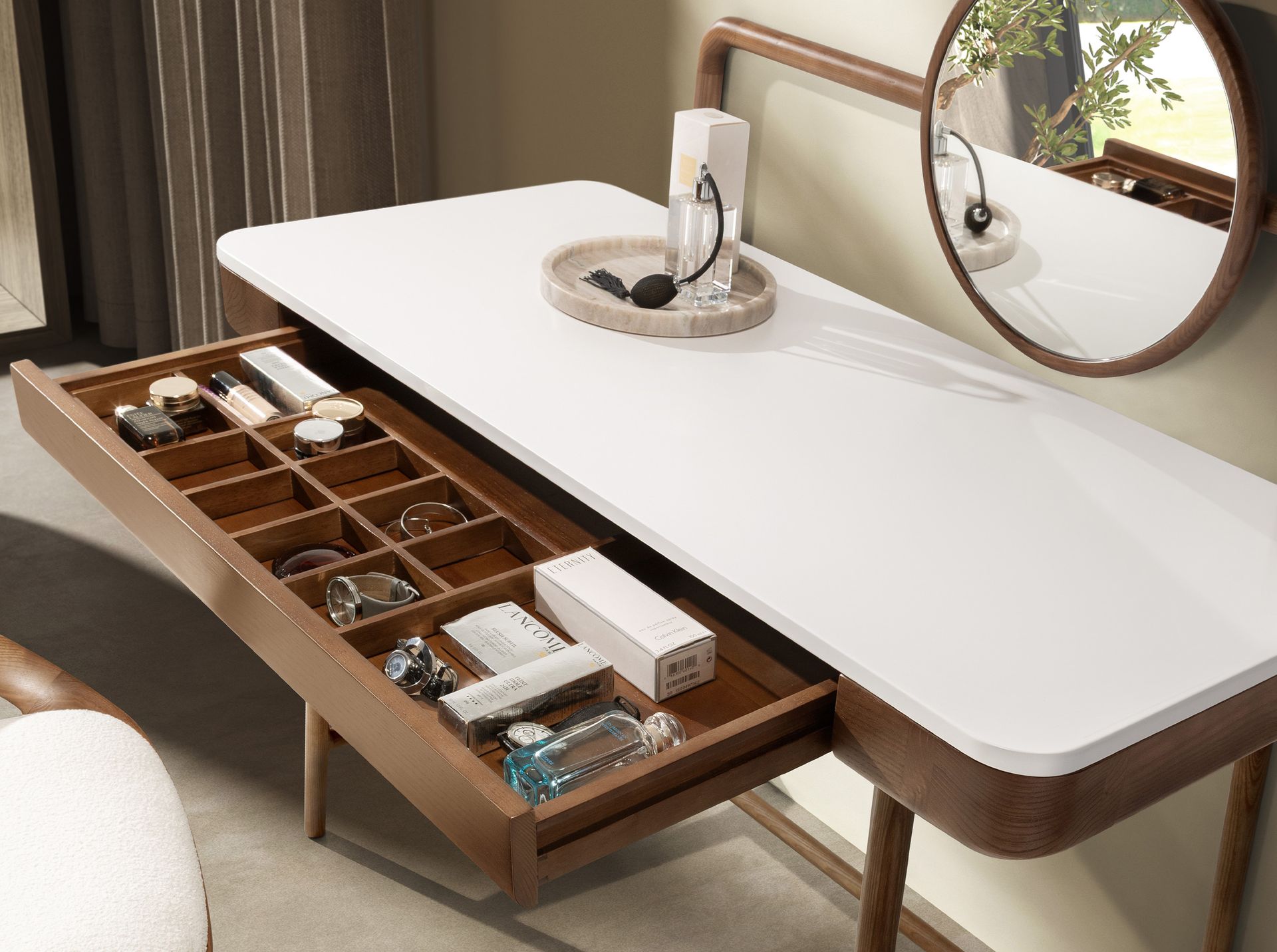 Walnut dressing desk with white wooden top and mirror