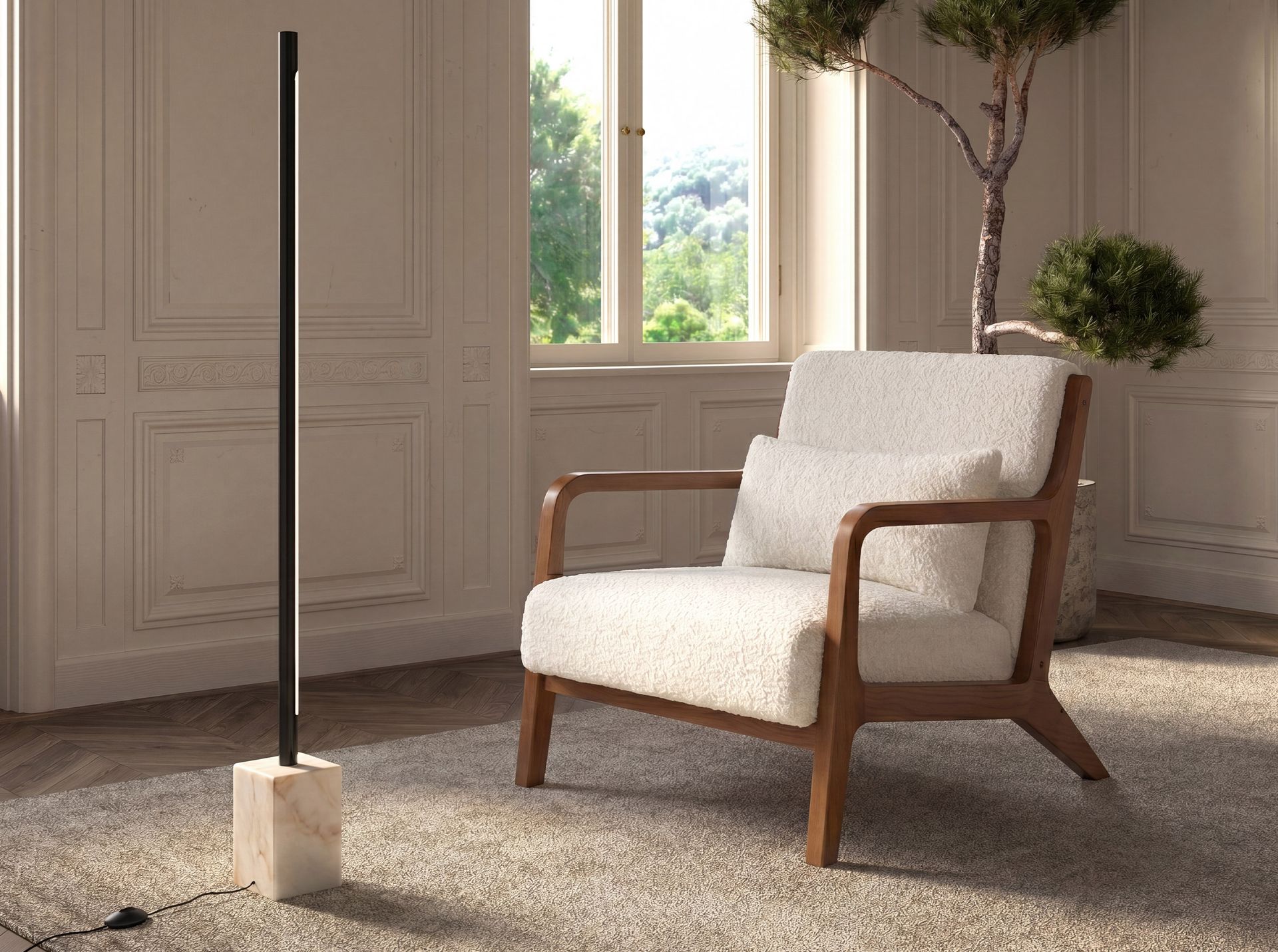 Black steel floor lamp with porcelain marble base