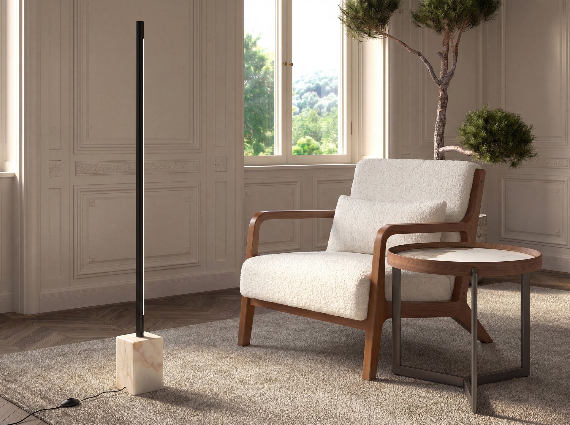 Black steel floor lamp with porcelain marble base