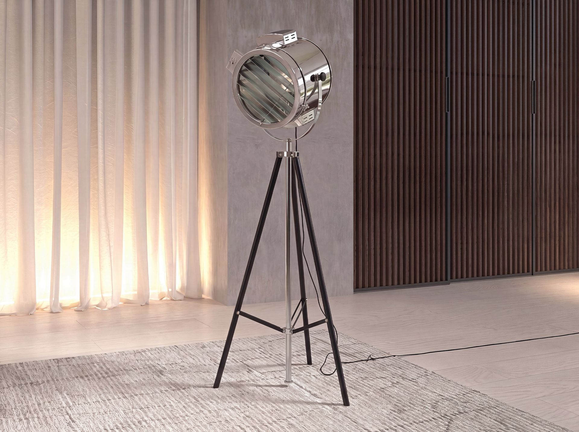 Chrome steel and black steel floor lamp