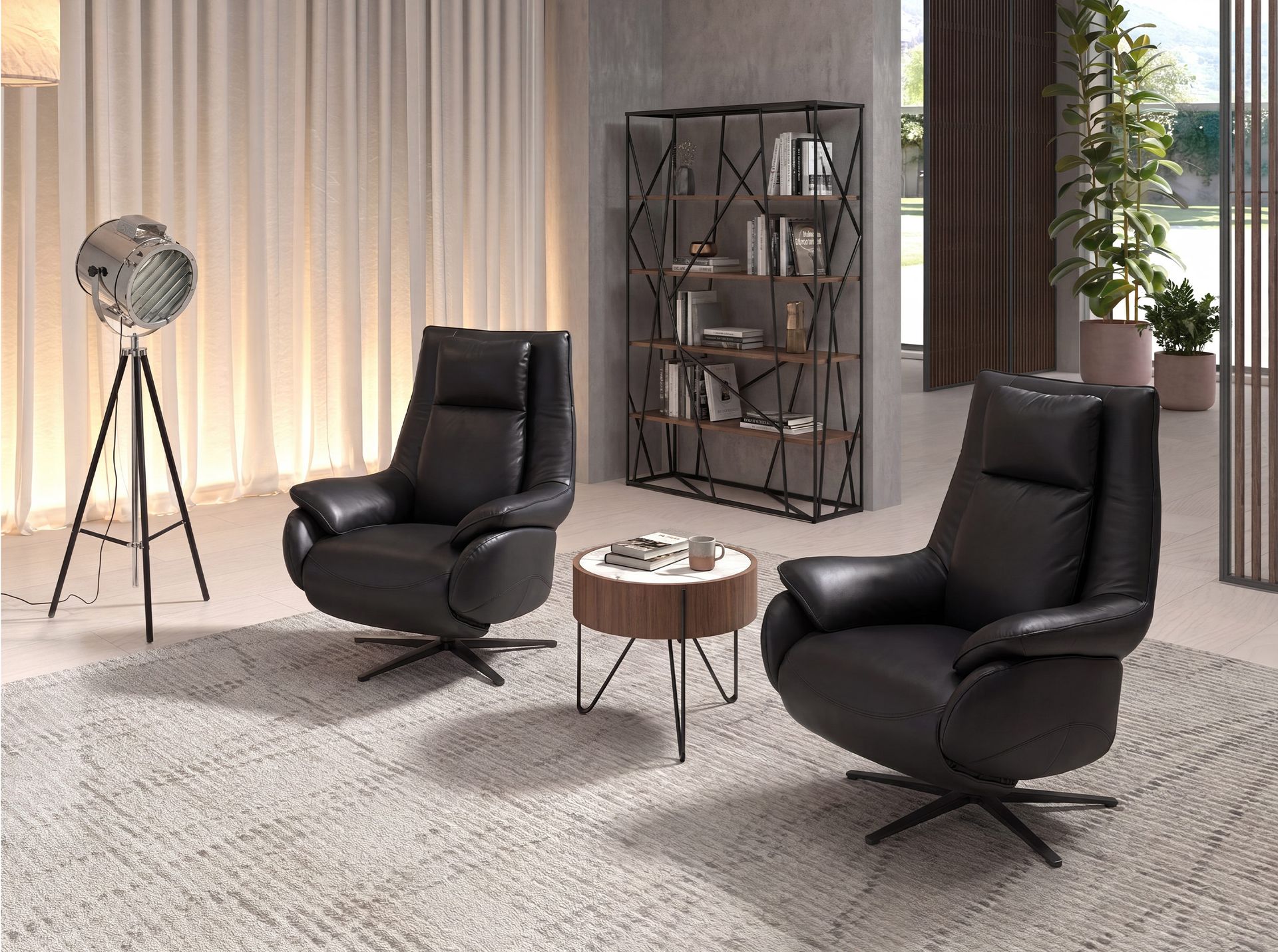 Chrome steel and black steel floor lamp
