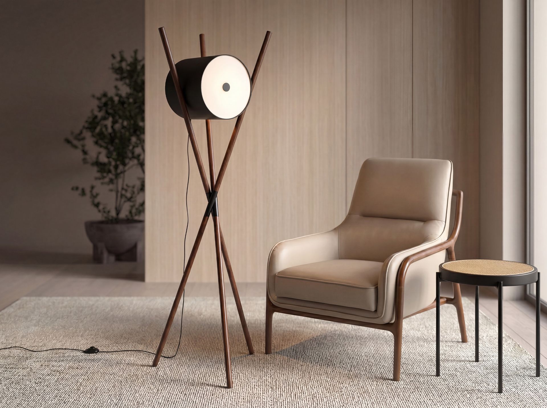 Floor lamp in wood upholstered in black leatherette and dark walnut