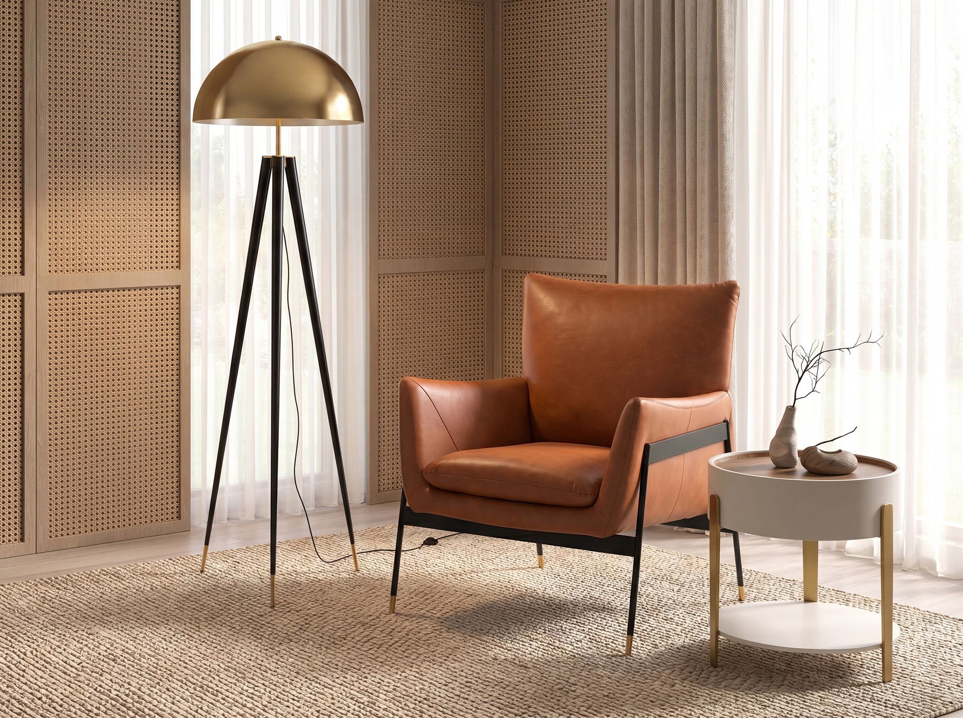 Polished gold steel and black steel floor lamp