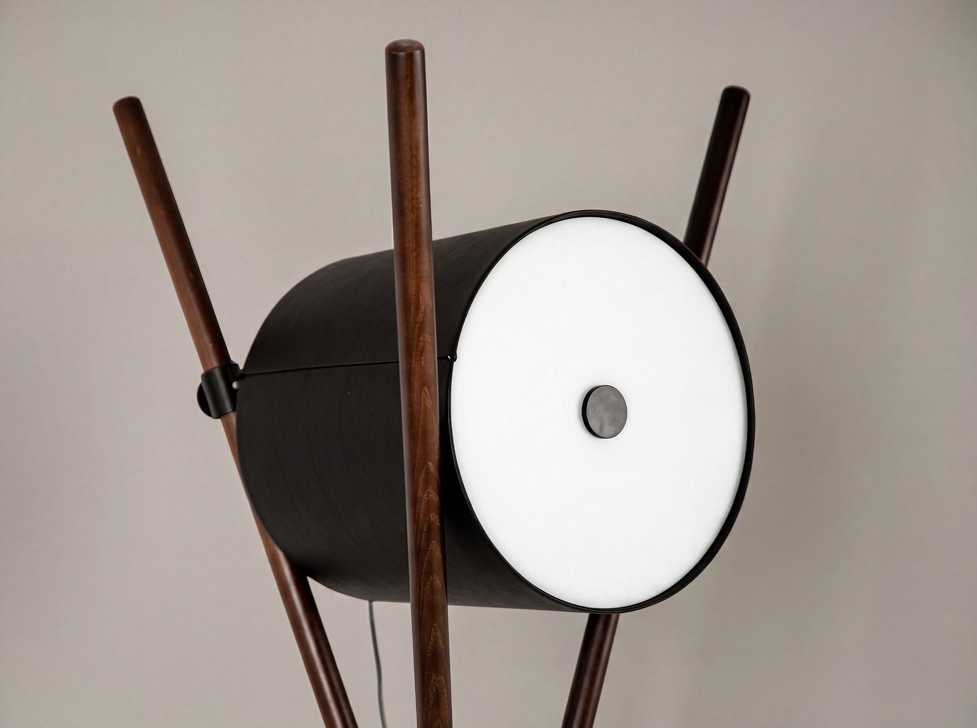 Floor lamp in wood upholstered in black leatherette and dark walnut