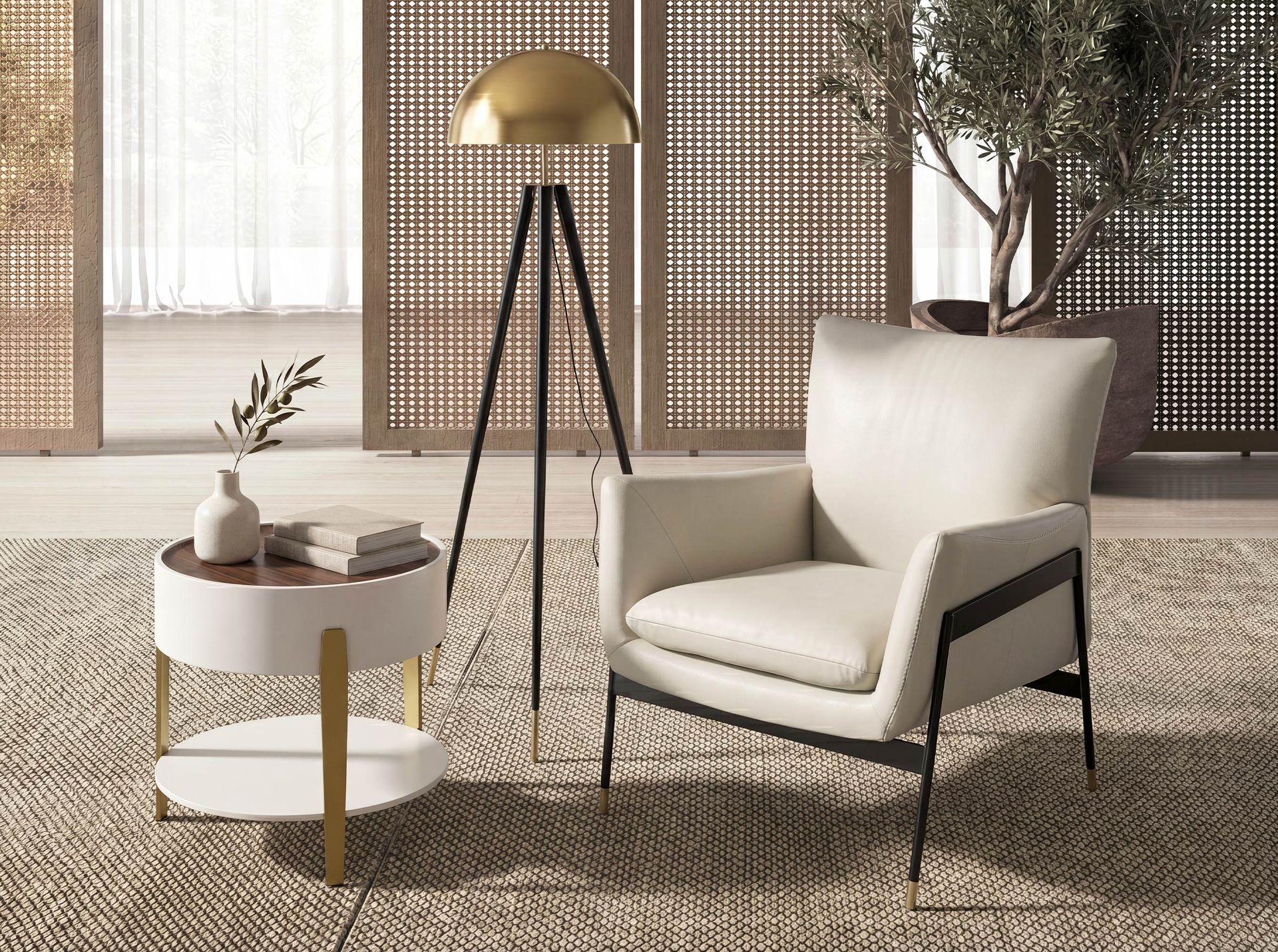 Polished gold steel and black steel floor lamp