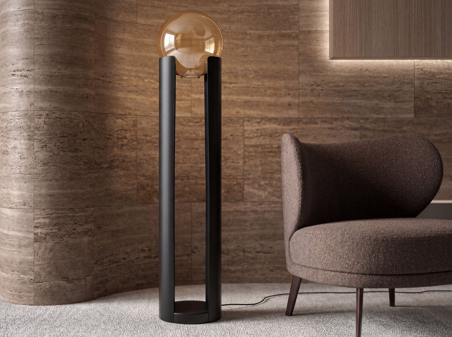 Smoked amber glass and black steel floor lamp