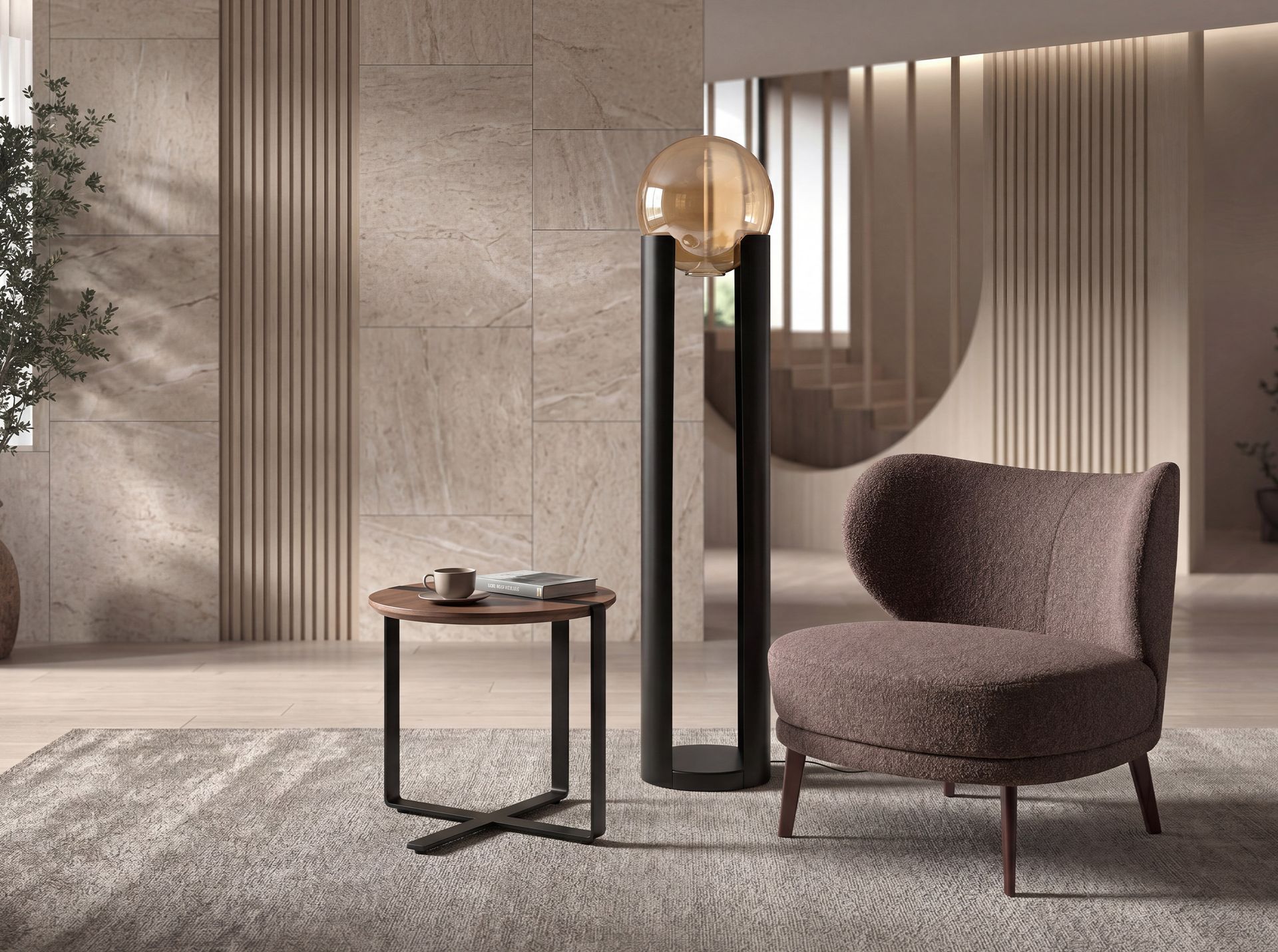 Smoked amber glass and black steel floor lamp