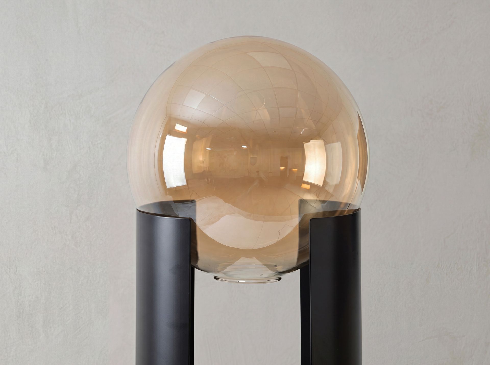 Smoked amber glass and black steel floor lamp