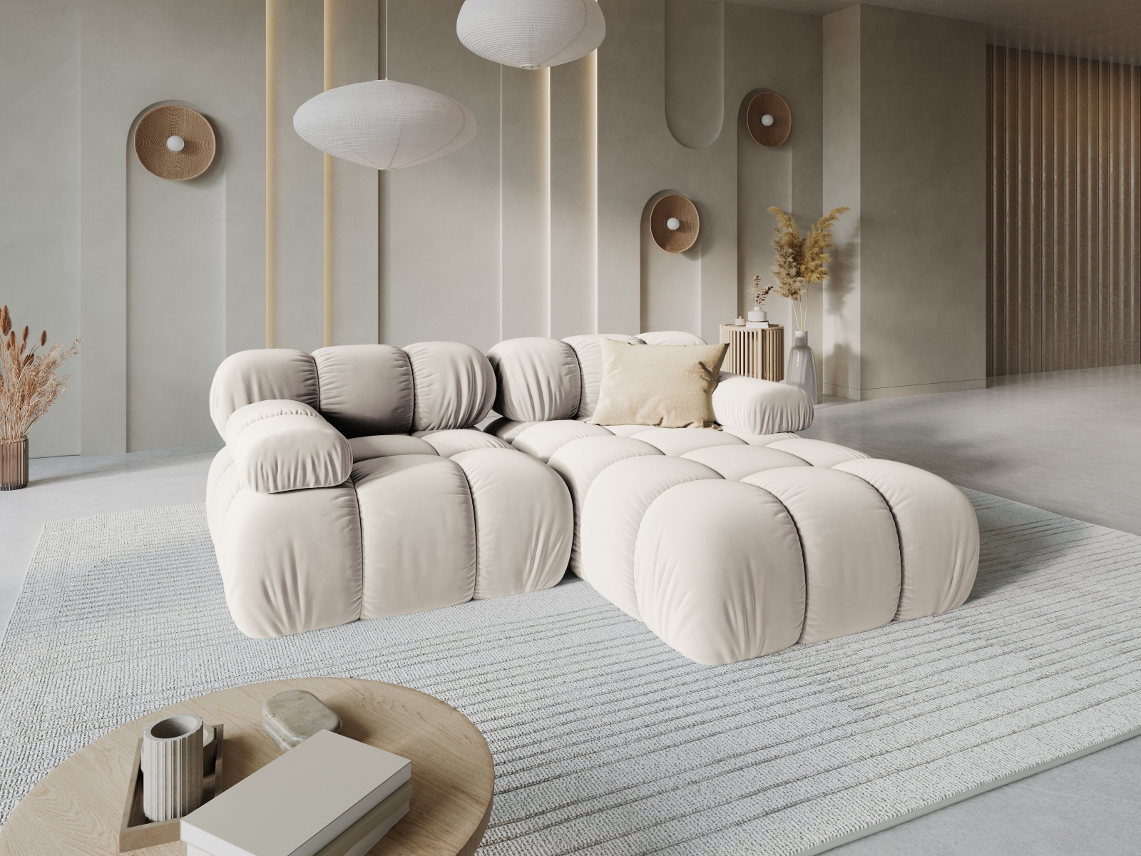 Velvet Modular Right Corner Sofa, "Bellis", 3 Seats, 188x155x70
