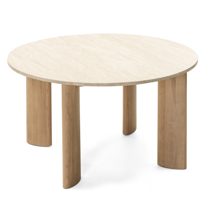 Stół do jadalni Rimley 130 cm, okrągły, trawertyn/jesion