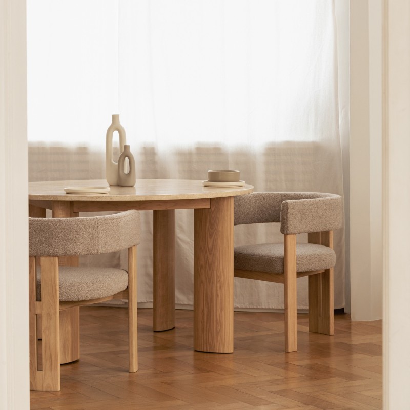 Stół do jadalni Rimley 130 cm, okrągły, trawertyn/jesion