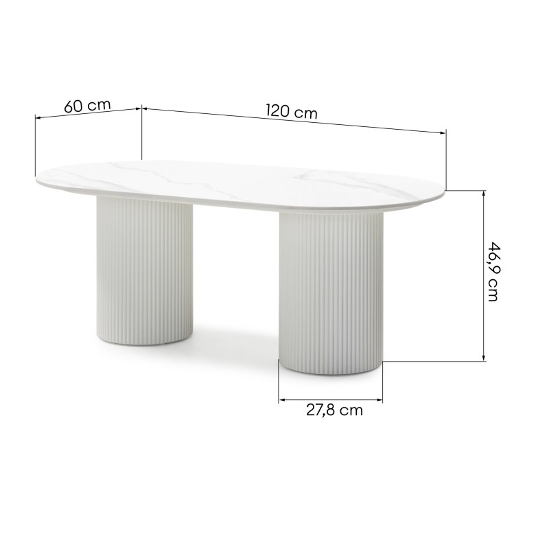 Stolik kawowy Apulia 120 cm, owalny, lamele, efekt białego marmuru, spiek