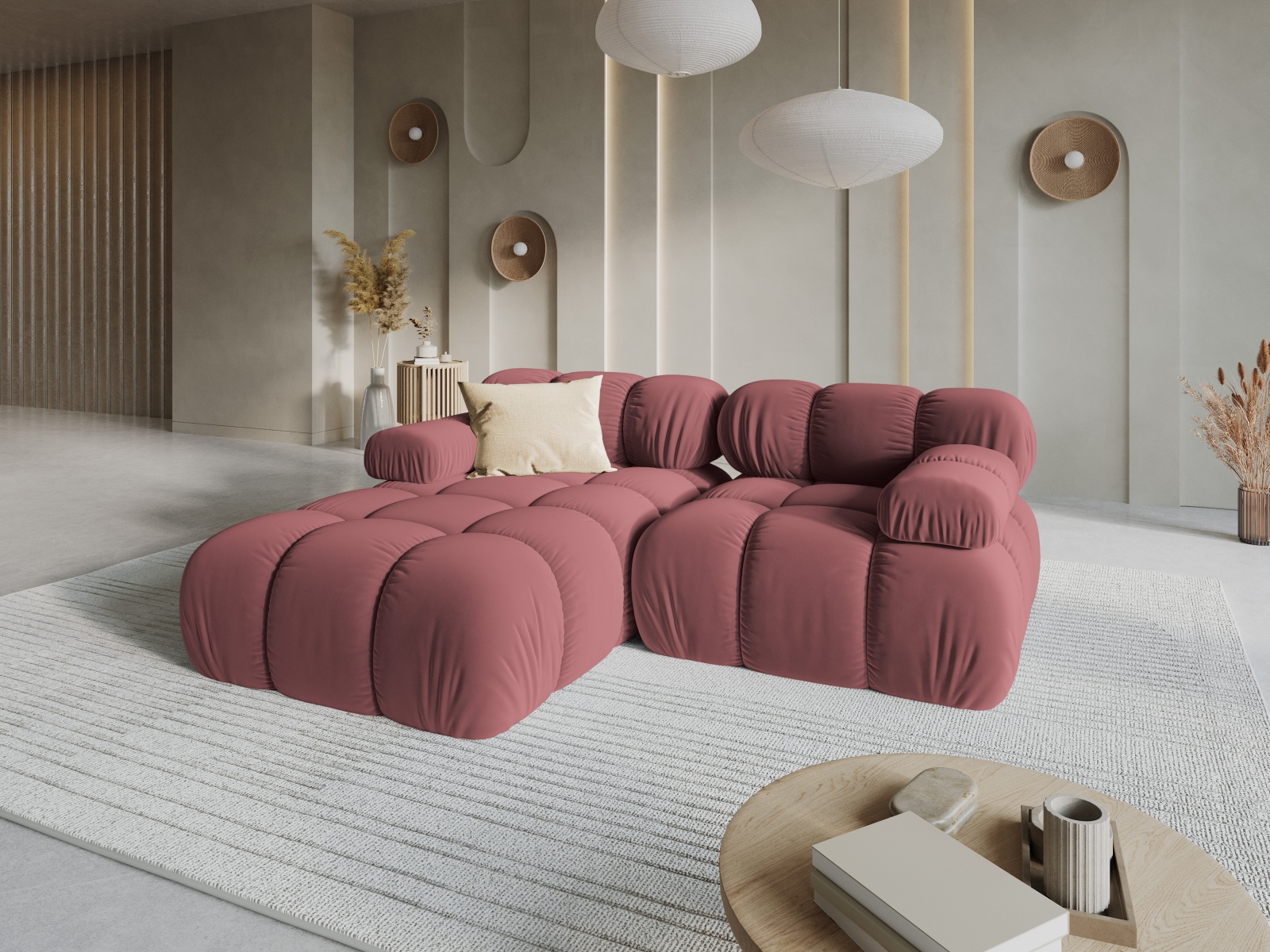 Velvet Modular Left Corner Sofa, "Bellis", 3 Seats, 188x155x70