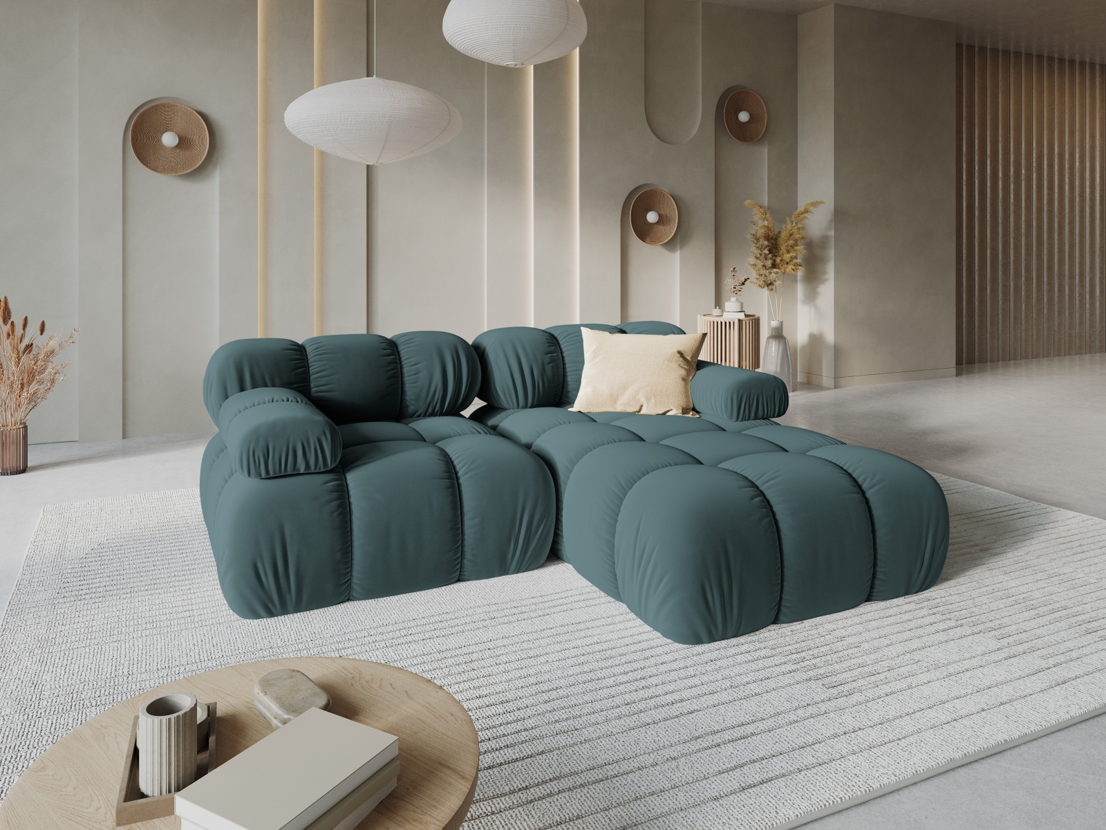Velvet Modular Right Corner Sofa, "Bellis", 3 Seats, 188x155x70