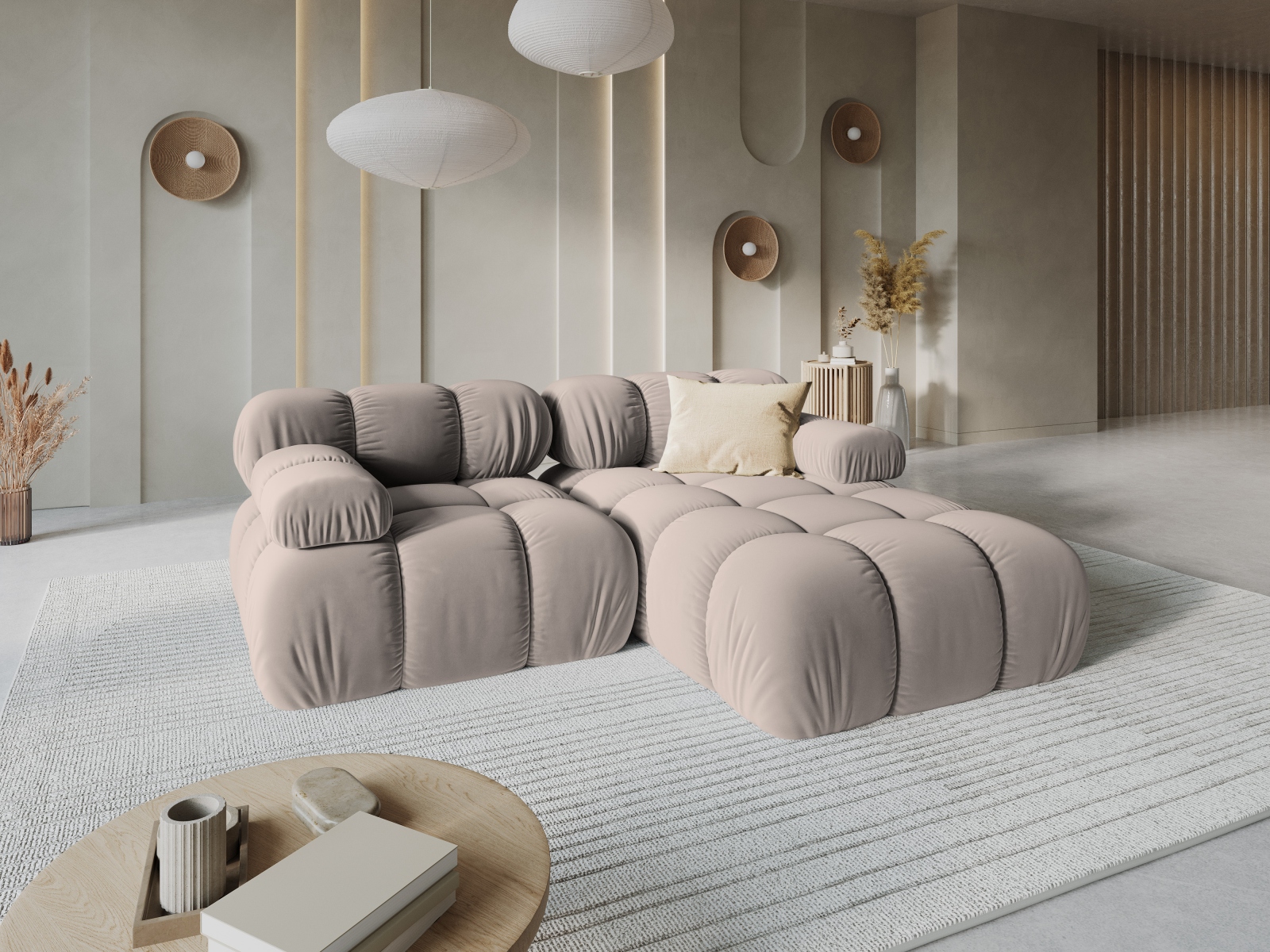 Velvet Modular Right Corner Sofa, "Bellis", 3 Seats, 188x155x70
