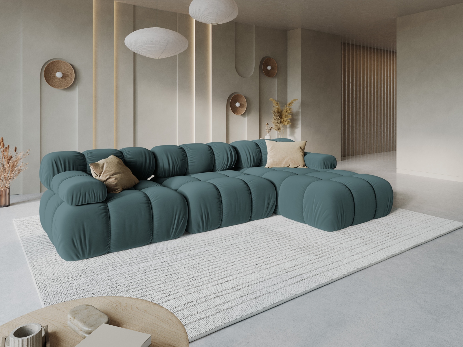 Velvet Modular Right Corner Sofa, "Bellis", 4 Seats, 282x155x70