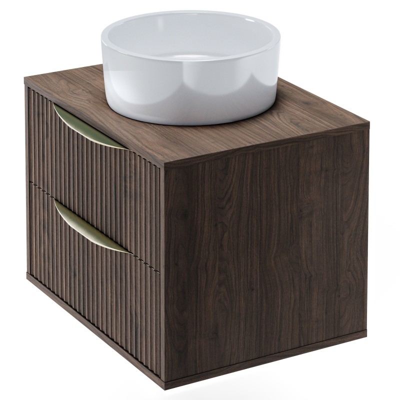 Szafka pod umywalkę nablatową Avila 2.0, 60 cm, ryflowana, złote uchwyty, Orzech Villa