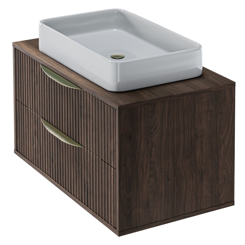 Szafka pod umywalkę nablatową Avila 2.0, 80 cm, ryflowana, złote uchwyty, Orzech Villa
