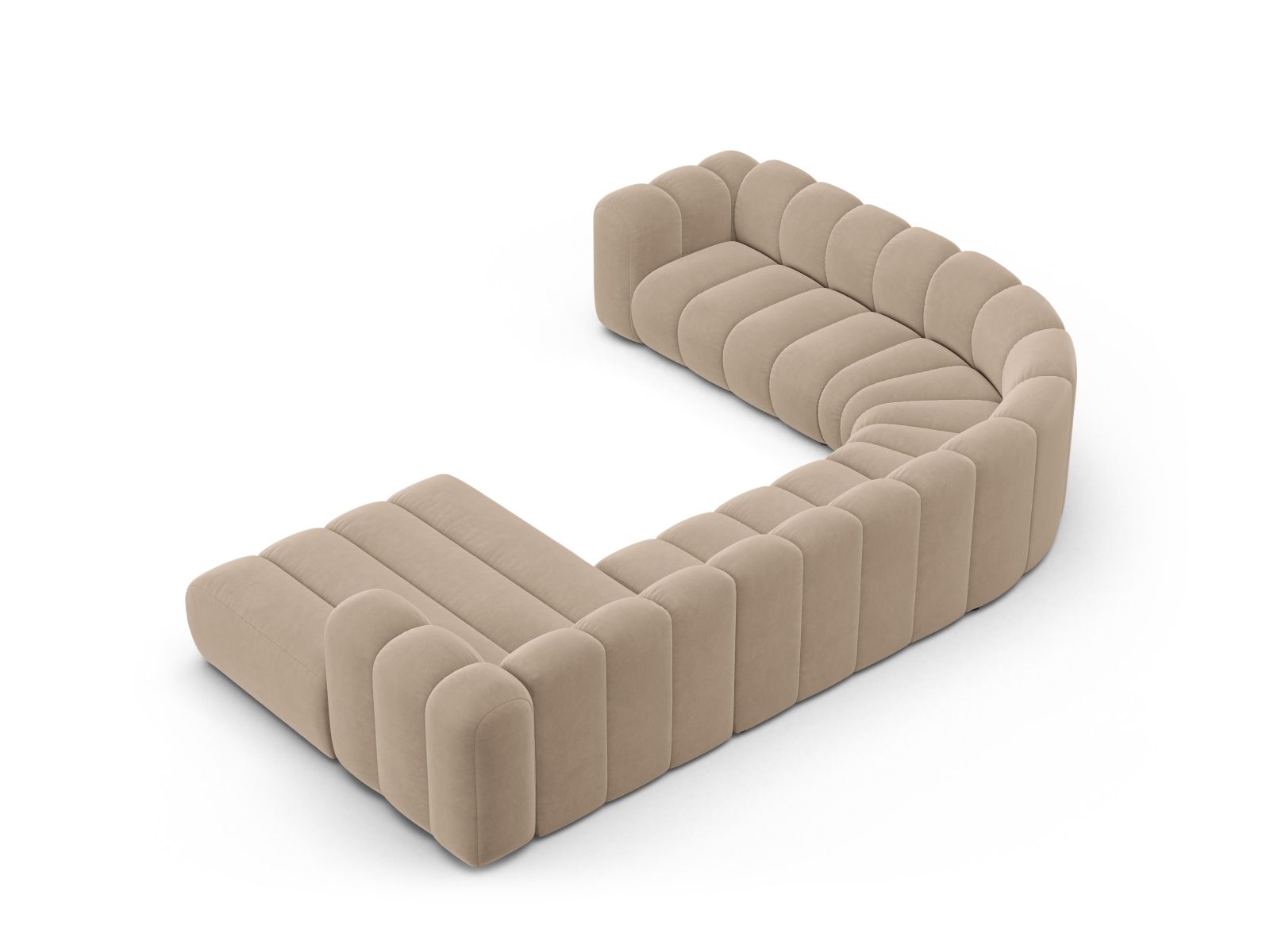 Velvet Modular Panoramic Left Corner Sofa, "Lupine", 6 Seats, 370x280x70