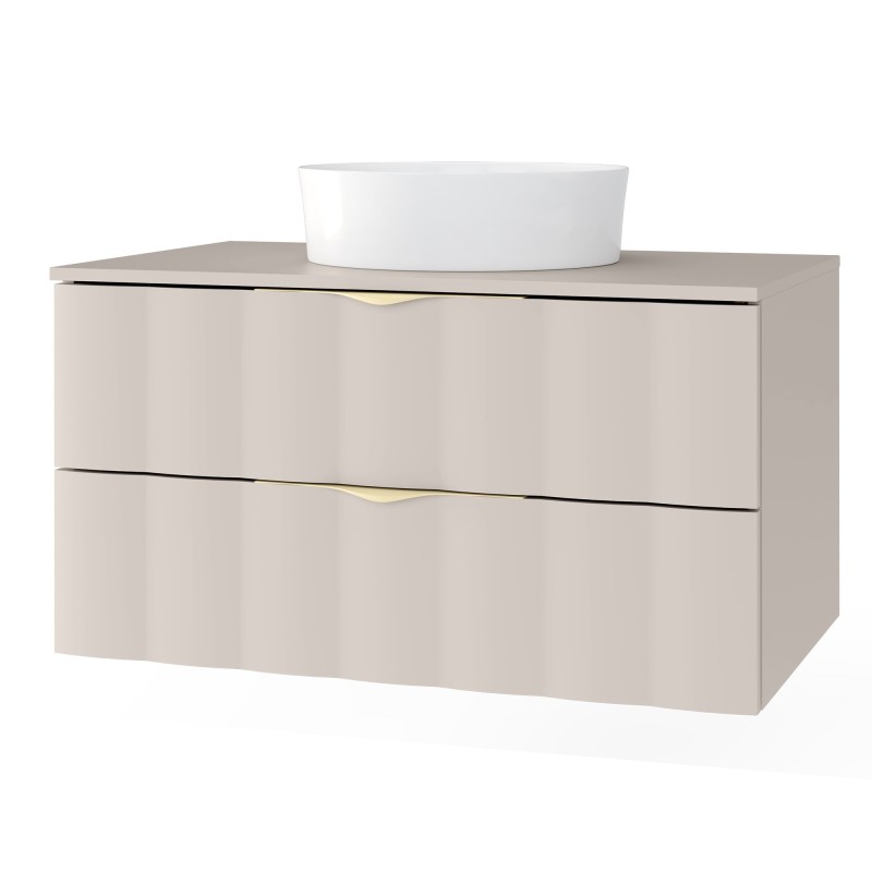 Szafka pod umywalkę nablatową Omi 80 cm, falowany front, złote uchwyty, kaszmirowy beż