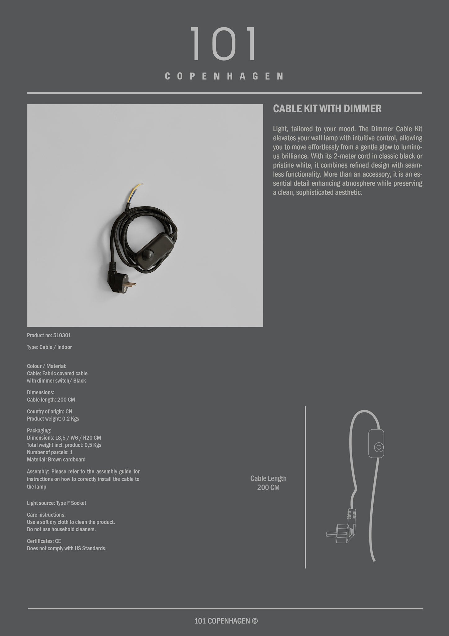 Cable Kit - Black Cord with Dimmer (2m)