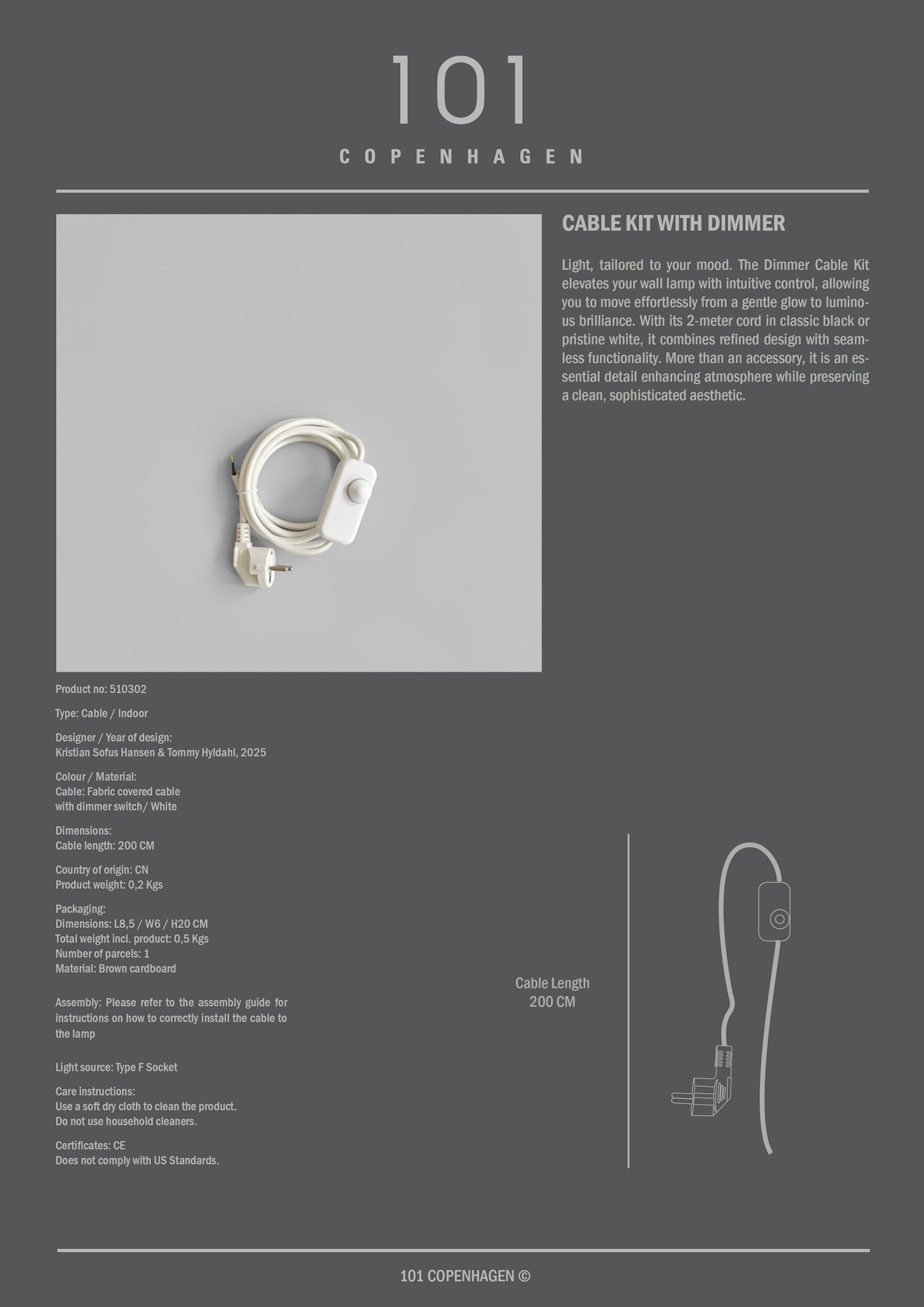 Cable Kit - White Cord with Dimmer (2m)