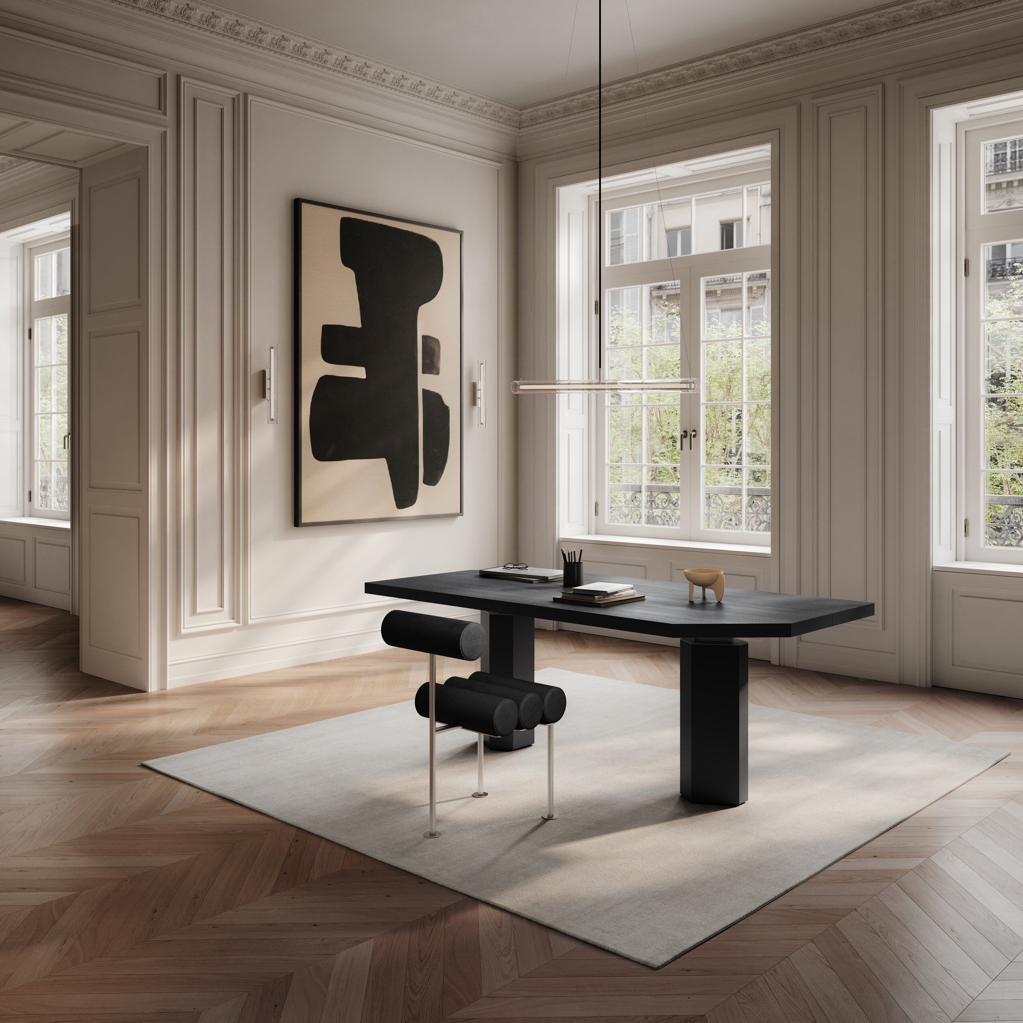 Hiro Dining Chair, Stainless Steel - Aniline Leather Black