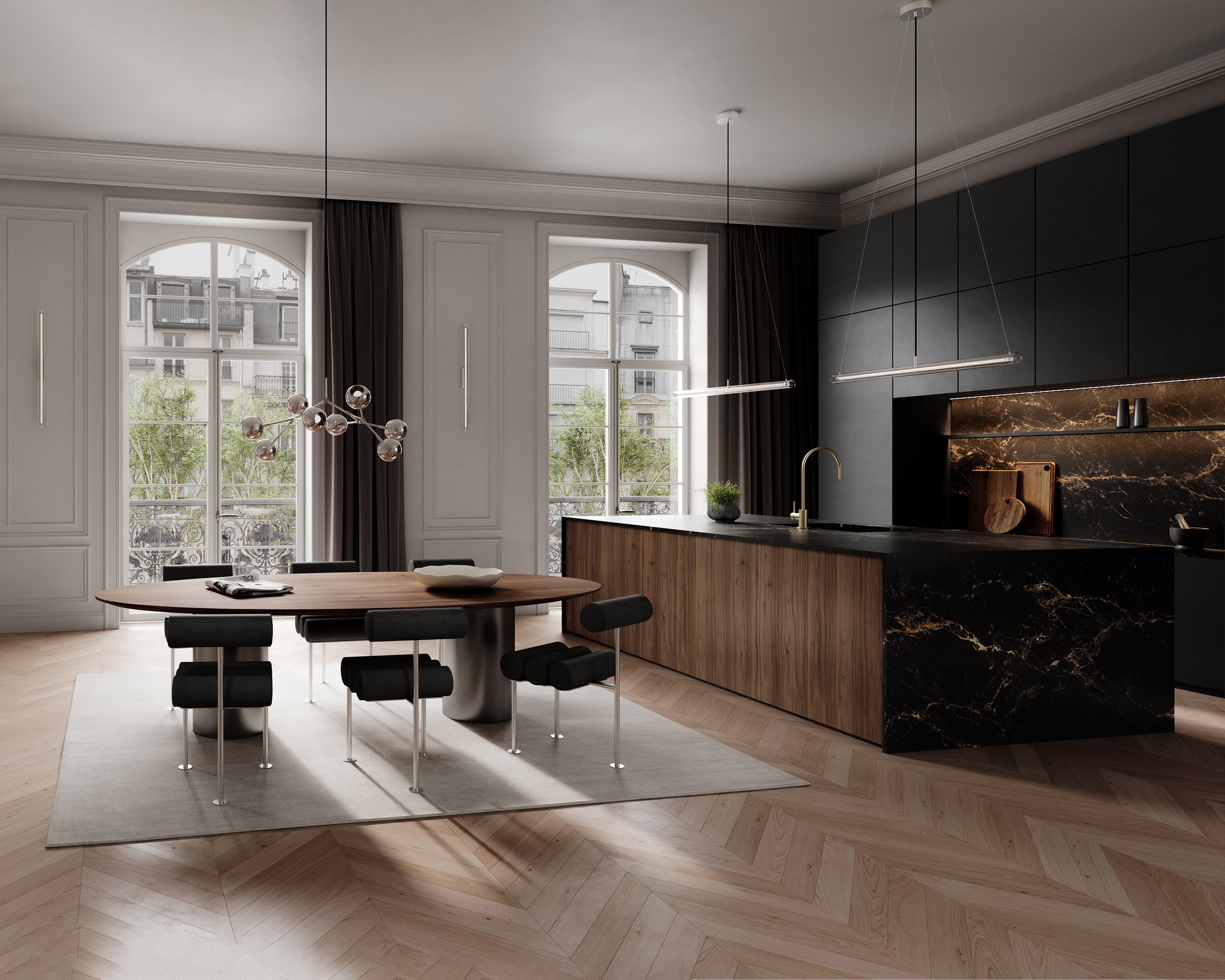 Hiro Dining Chair, Stainless Steel - Aniline Leather Black