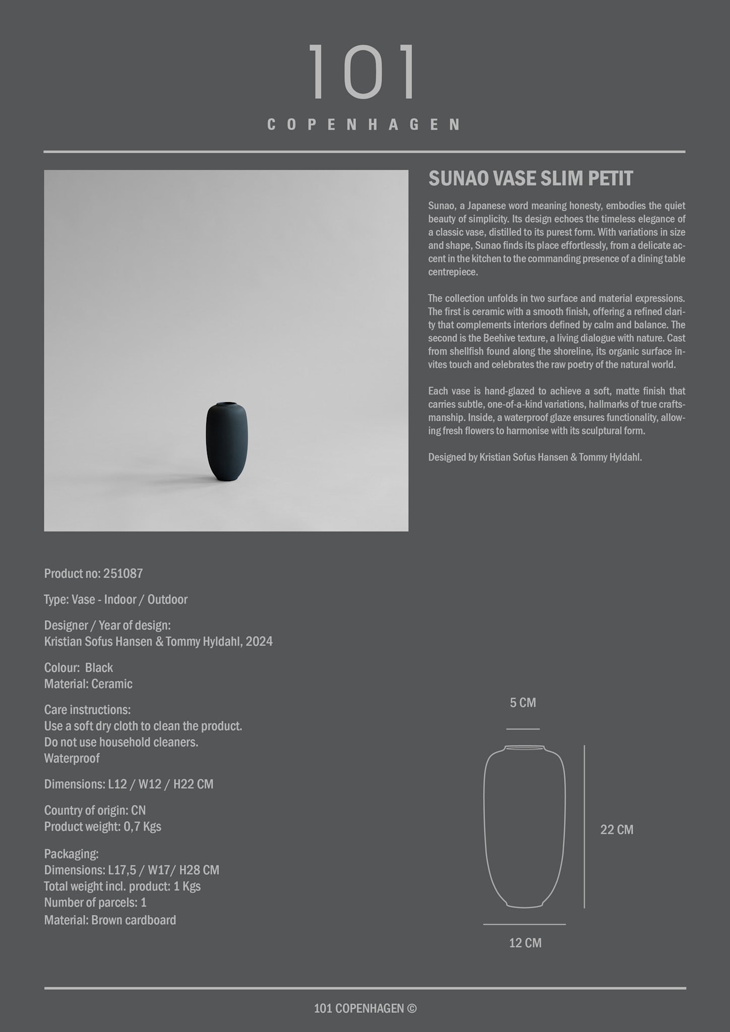 Sunao Vase Slim, Petit - Black