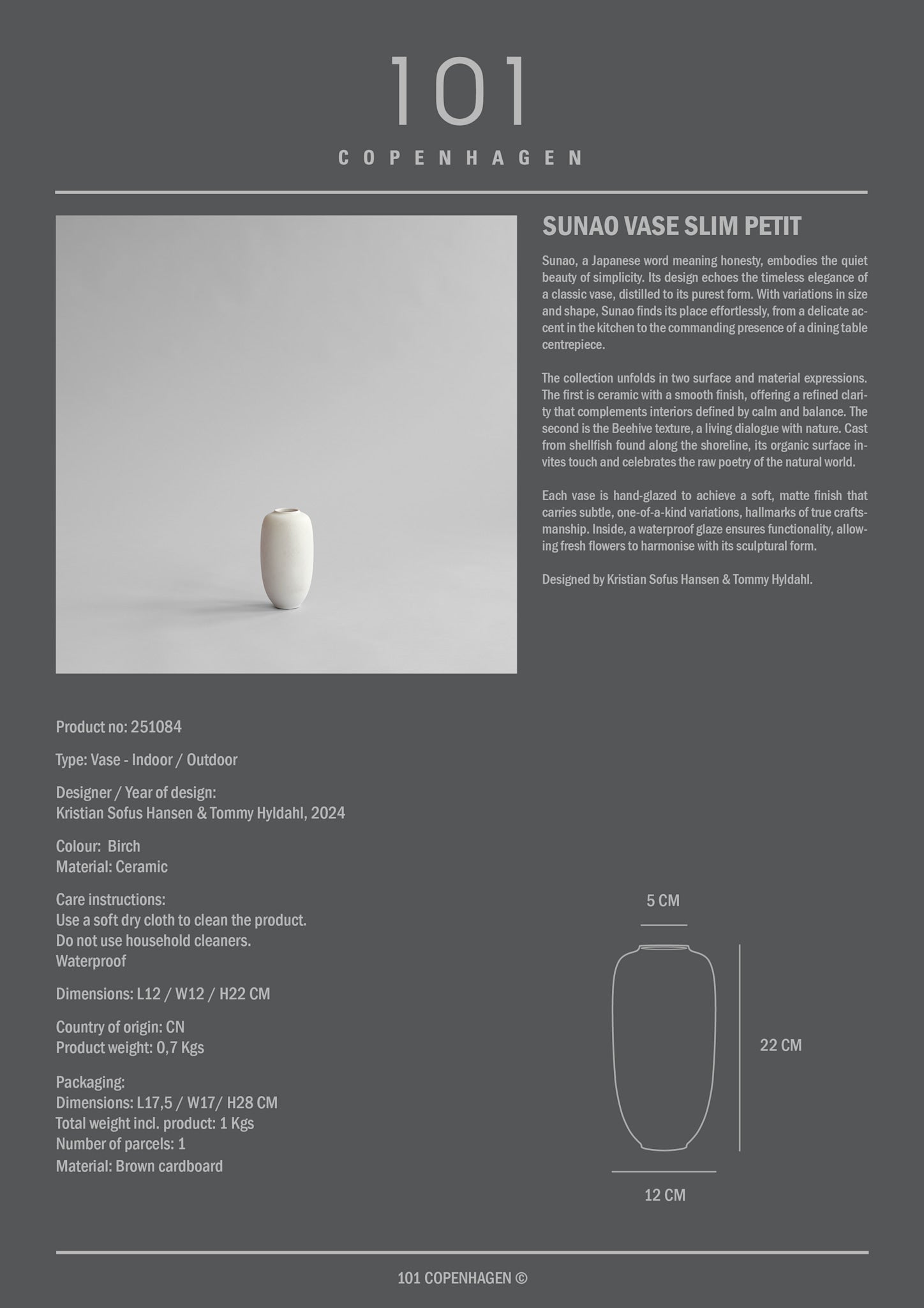 Sunao Vase Slim, Petit - Birch